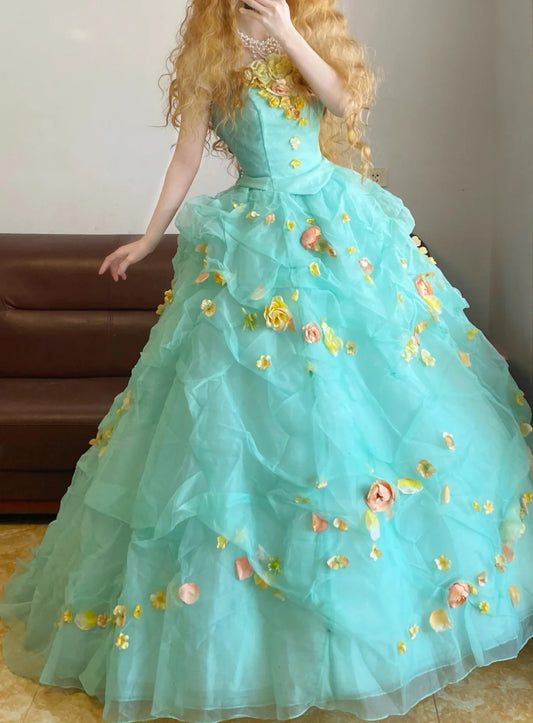 Mint Green Floral Long Tulle Princess Vintage Ball Gown nv5042