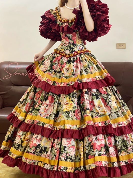 Red colorful floral unique beautiful Spanish vintage long ball gown princess. nv5082