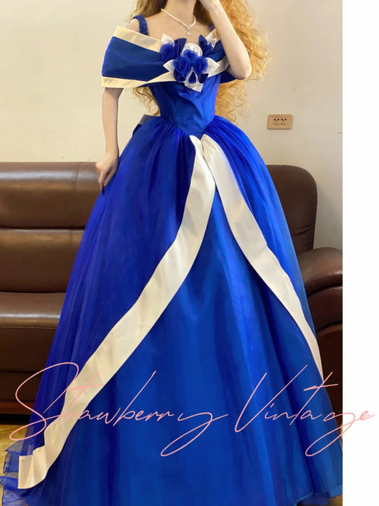 Blue Vintage Elegant Long Princess Satin Tulle Ball Gown nv5033