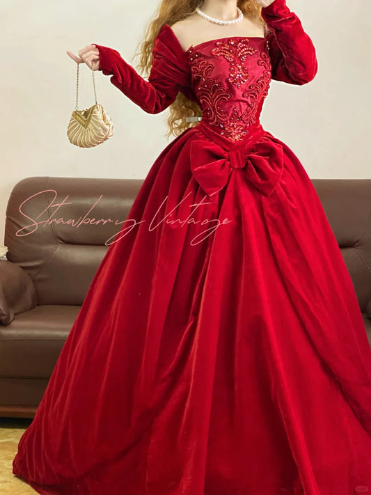 Red velvet beaded gorgeous retro elegant long princess ball gown nv5011