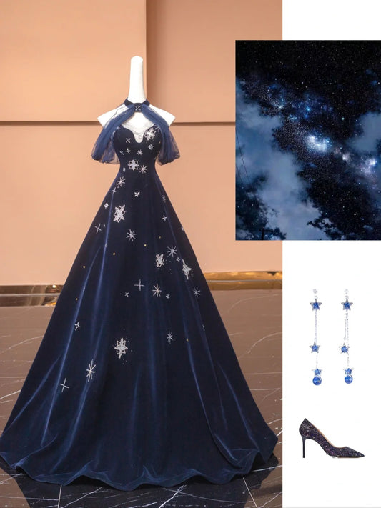 Blue Exquisite Star Beaded Long Velvet Prom Dress Ball Gown Evening Gown Party Gown nv4732