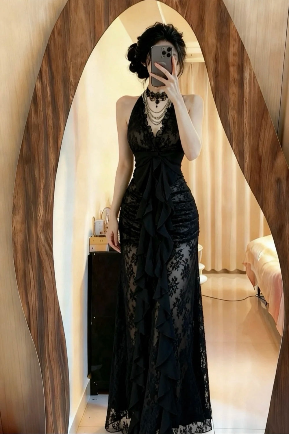 NiceVestidos - Schwarzes langes Partykleid aus Spitze NV5972