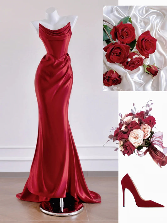 Red Fashion Mermaid Long Satin Prom Dress Evening Dress Party Dress nv4728