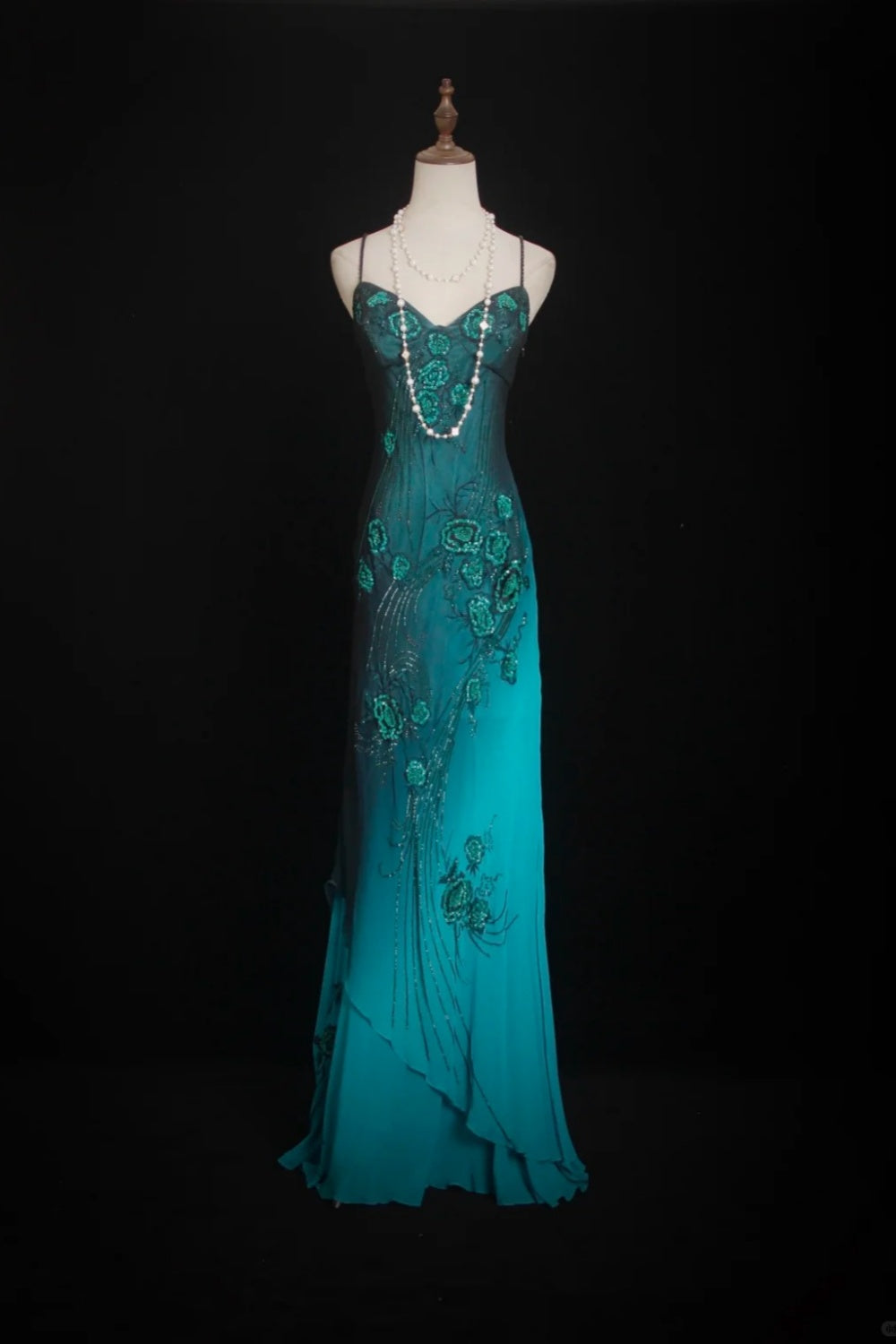 NiceVestidos--Vintage Beaded Glamorous Flowy Teal Gradient Elegant Artistic Floral Beaded Prom Dress NV5790