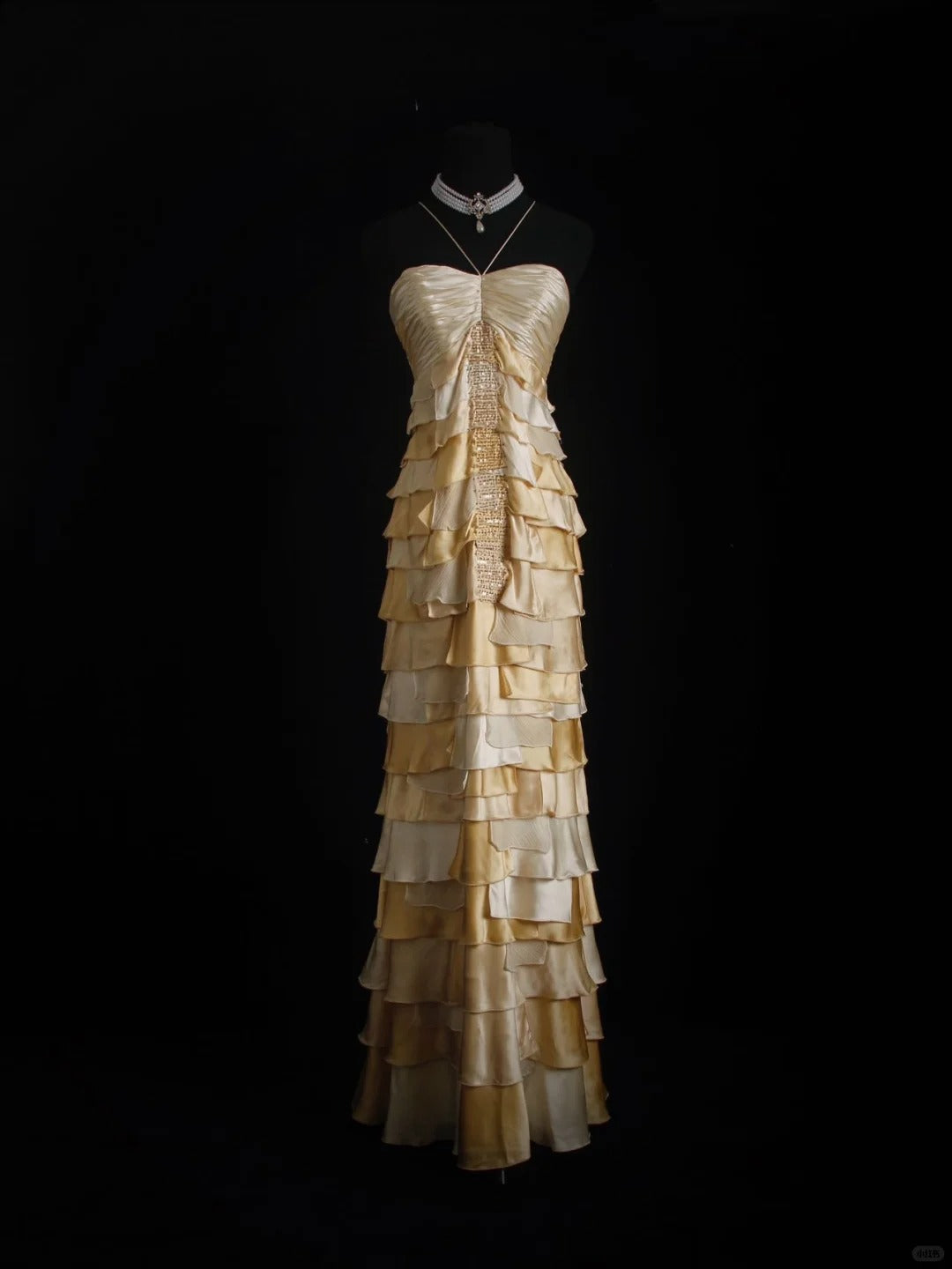 🧡Vintage brown and yellow sequined chiffon long ruffled ball gown party dress nv5208