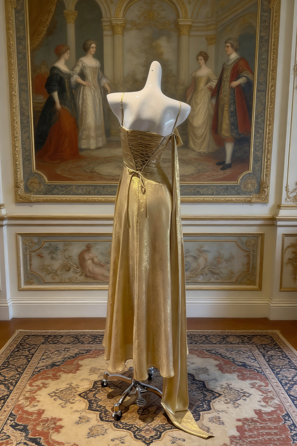 Goldglänzendes, dehnbares Abendkleid mit dünnen Spaghettiträgern – luxuriöses, asymmetrisches Maxikleid mit Schnürung NV6786