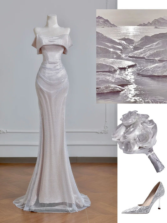 Silver Mesh Metallic Satin Long Mermaid Slim Prom Dress Evening Dress Party Dress nv4721