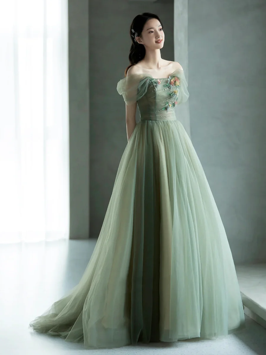 Green elegant A-line off-shoulder long tulle ball gown evening dress graduation dress coming of age ceremony dress nv1413