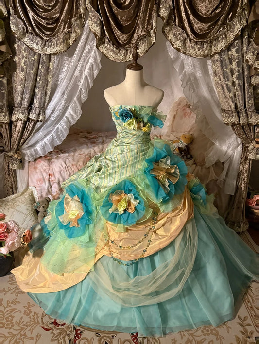 Blue Floral Tulle Floor-Length Ball Gown nv5171