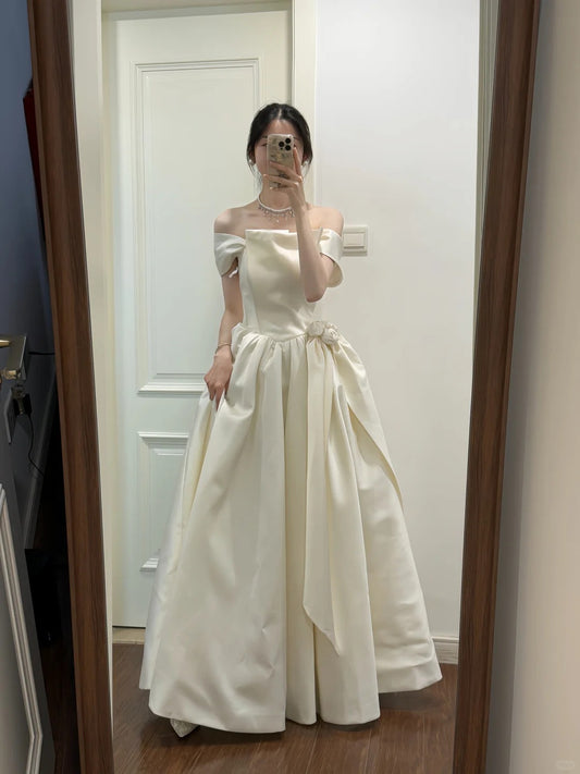 Ivory White Simple Elegant Long Satin Ball Gown Evening Dress Wedding Dress nv4155