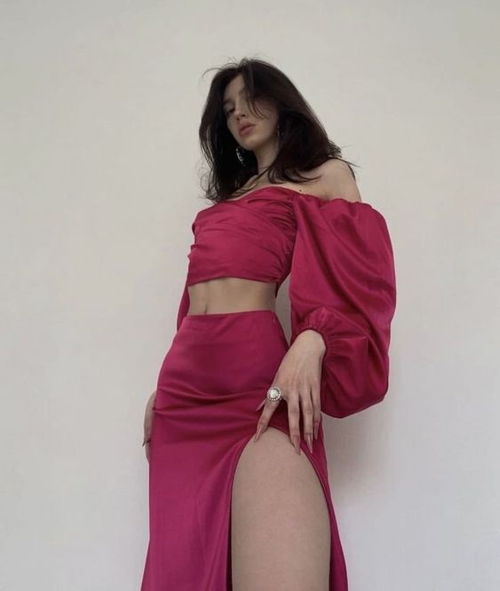 Robe de soirée longue fendue en deux pièces rose vintage élégante nv2806