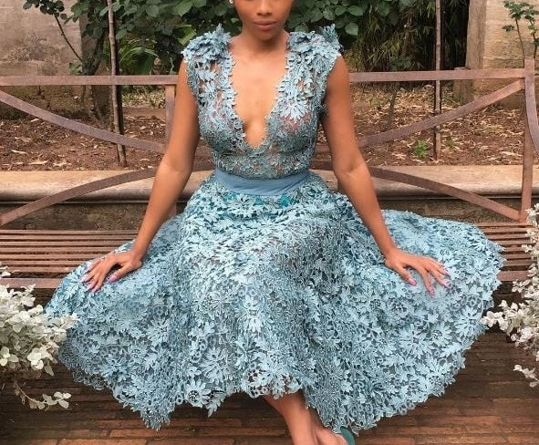 Blue Lace Sexy Deep V Neck Midi/Short Homecoming Dress Prom Dress Evening Dress Party Dress nv1128