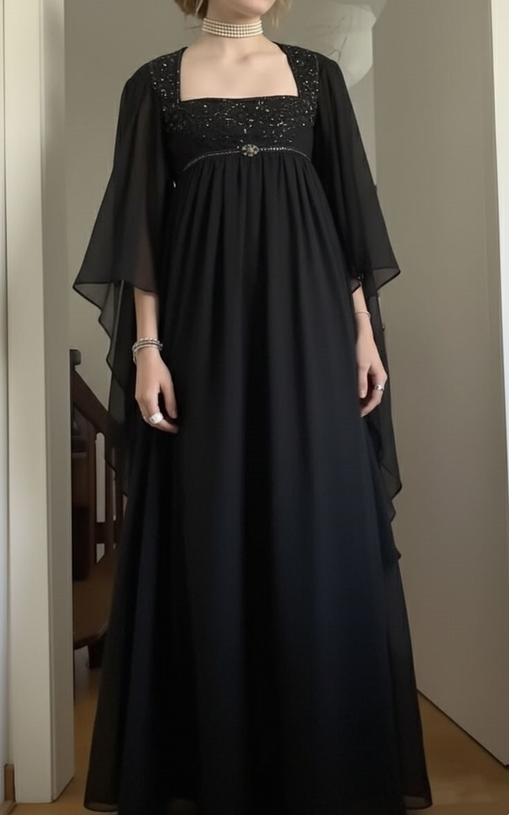 NiceVestidos--Retro Black Long-Sleeved Empire Dress High Waist Dress Long Chiffon Square Neck Prom Dress NV5879
