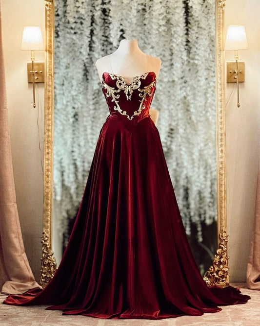 Burgundy Vintage Velvet Long Ball Gown Evening Dress Party Dress nv4848