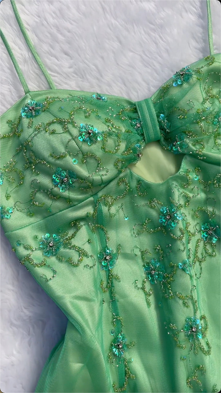 Green gorgeous delicate floral beading spaghetti straps long tulle ball gown evening dress party dress nv3740
