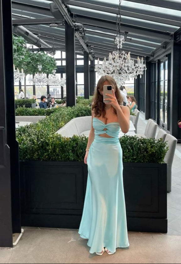 Blue Fashion Pleated Long Satin Ball Gown Evening Dress nv3317