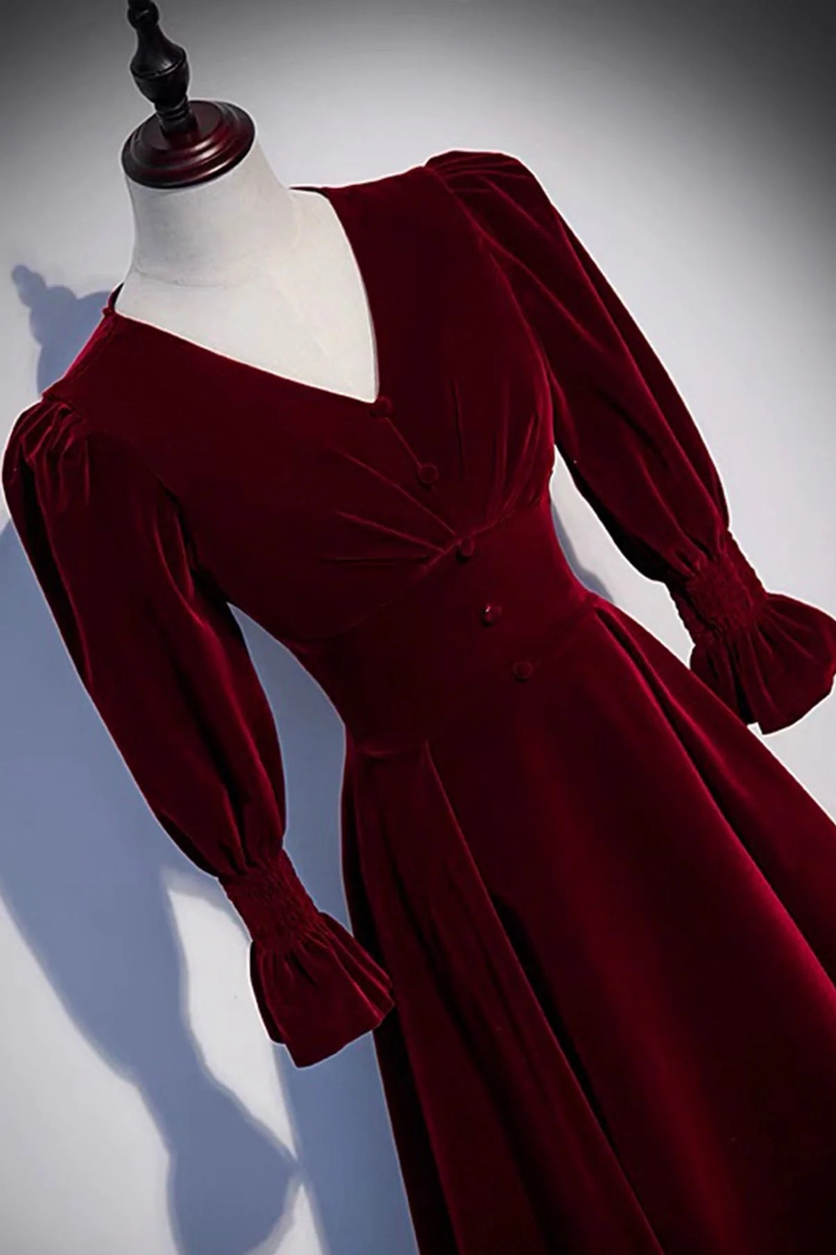 Burgundy Velvet A-line Long Sleeve Evening Gown Ball Gown nv2183
