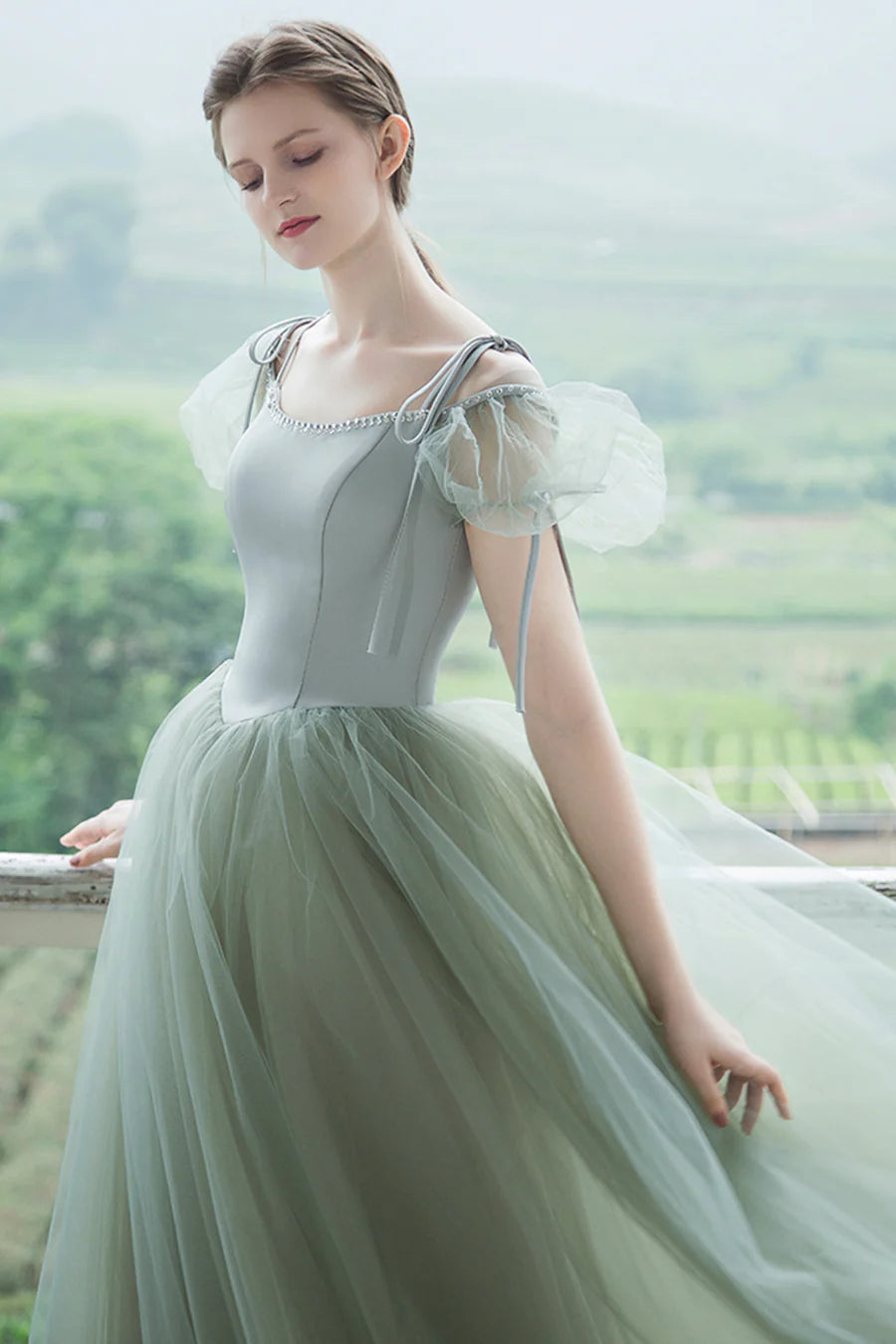 Cute Tulle Long Prom Dresses, A-Line Short Sleeve Graduation Dresses nv1600