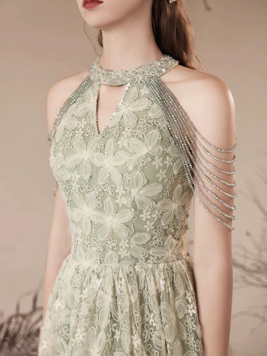 Cute Tulle Flower Floor Length Green Prom Dress, Beautiful Backless A-Line Evening Party Dress nv1414