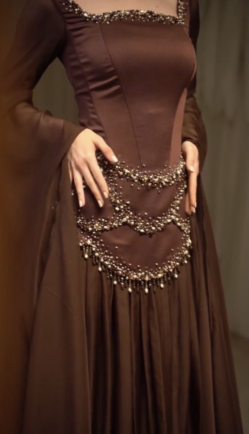 NiceVestidos--Luxurious Dark Brown Satin Chiffon Spliced Square Neck Beaded Flared Sleeve Floor Length Gown NV5755