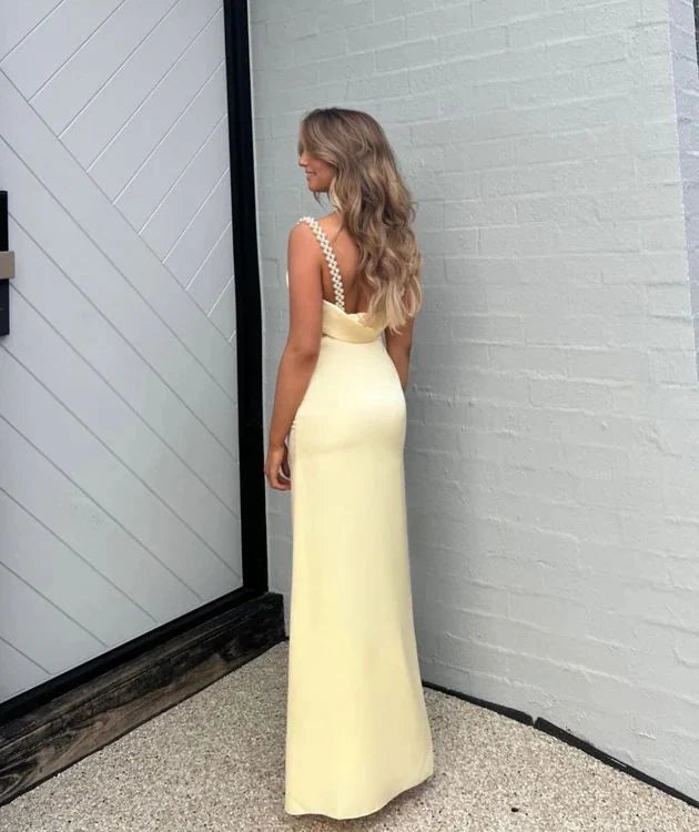 Light Yellow Pearl Halter Backless Elegant Evening Dress Ball Gown Party Dress nv1858