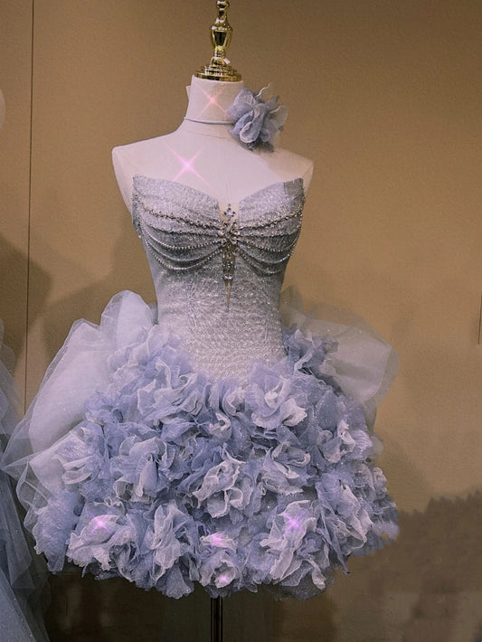 Blue gorgeous beaded cute short tulle prom dress evening dress homecoming dress birthday dress nv4786