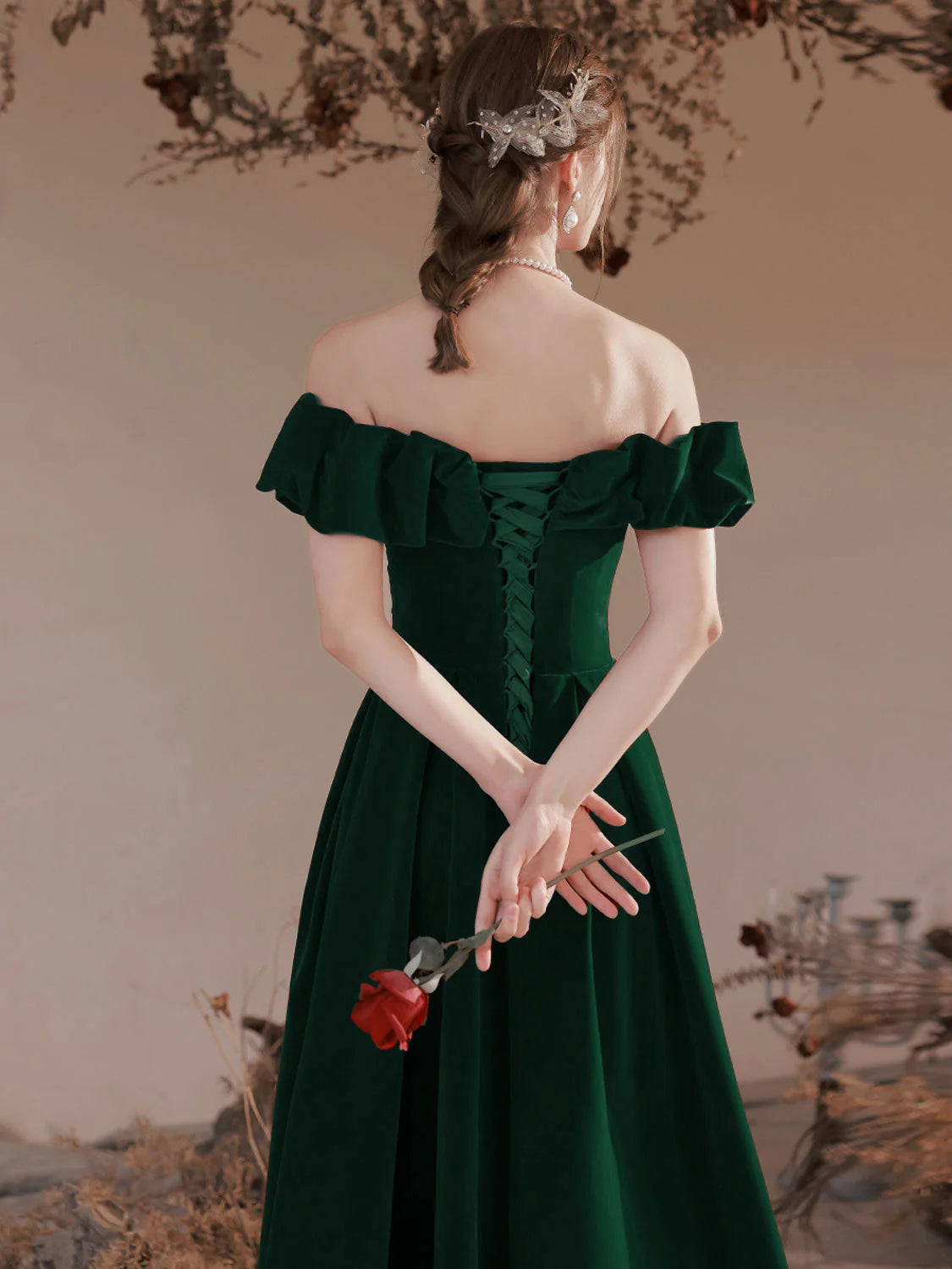 A-Line Off Shoulder Velvet Green Long Prom Dress, Green Formal Evening Dress nv1735