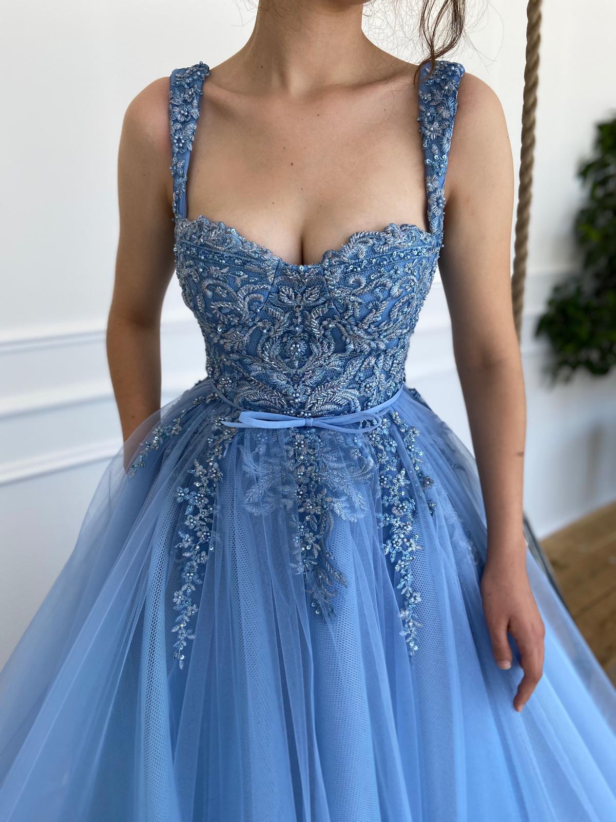 Exquisite 3D Flowers Beads Blue Long Prom Dresses Sweetheart Tulle Bow Sash Floor Length Evening Gowns nv1641