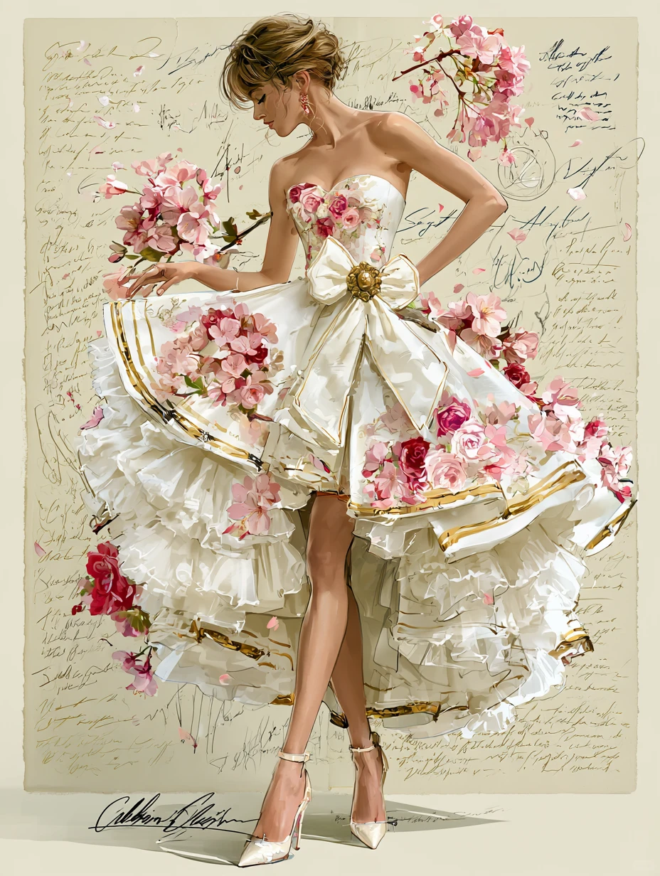 3D Pink Rose Sweetheart Strapless High Low Ruffle Prom Dress with Gold Trim NV7399