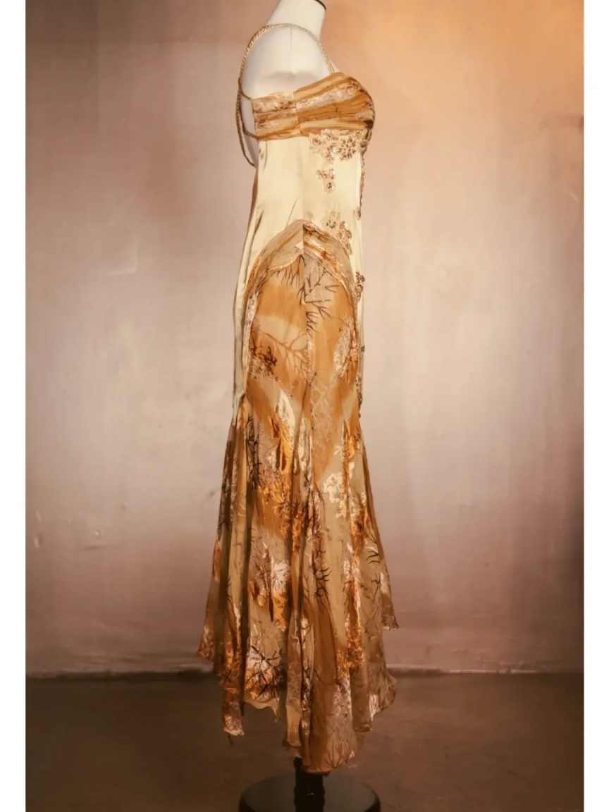 Gold Floral Elegant Long Satin Prom Dress Evening Dress Party Dress nv4696