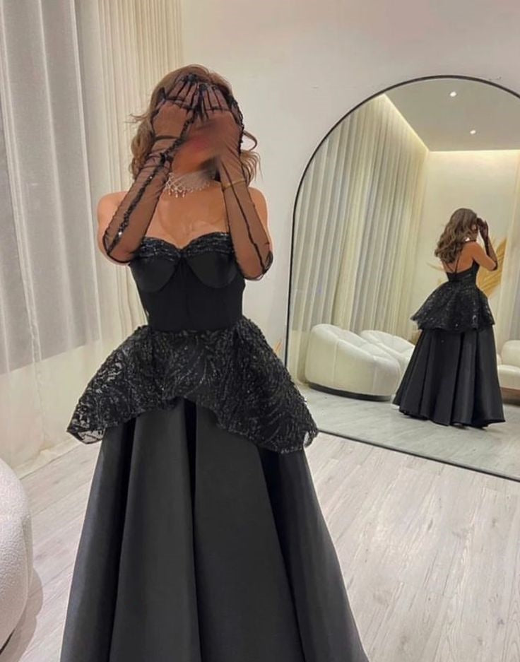Black Retro Fashion Exquisite Sequin Lace A-Line Floor Length Satin Backless Ball Gown Evening Dress nv3605