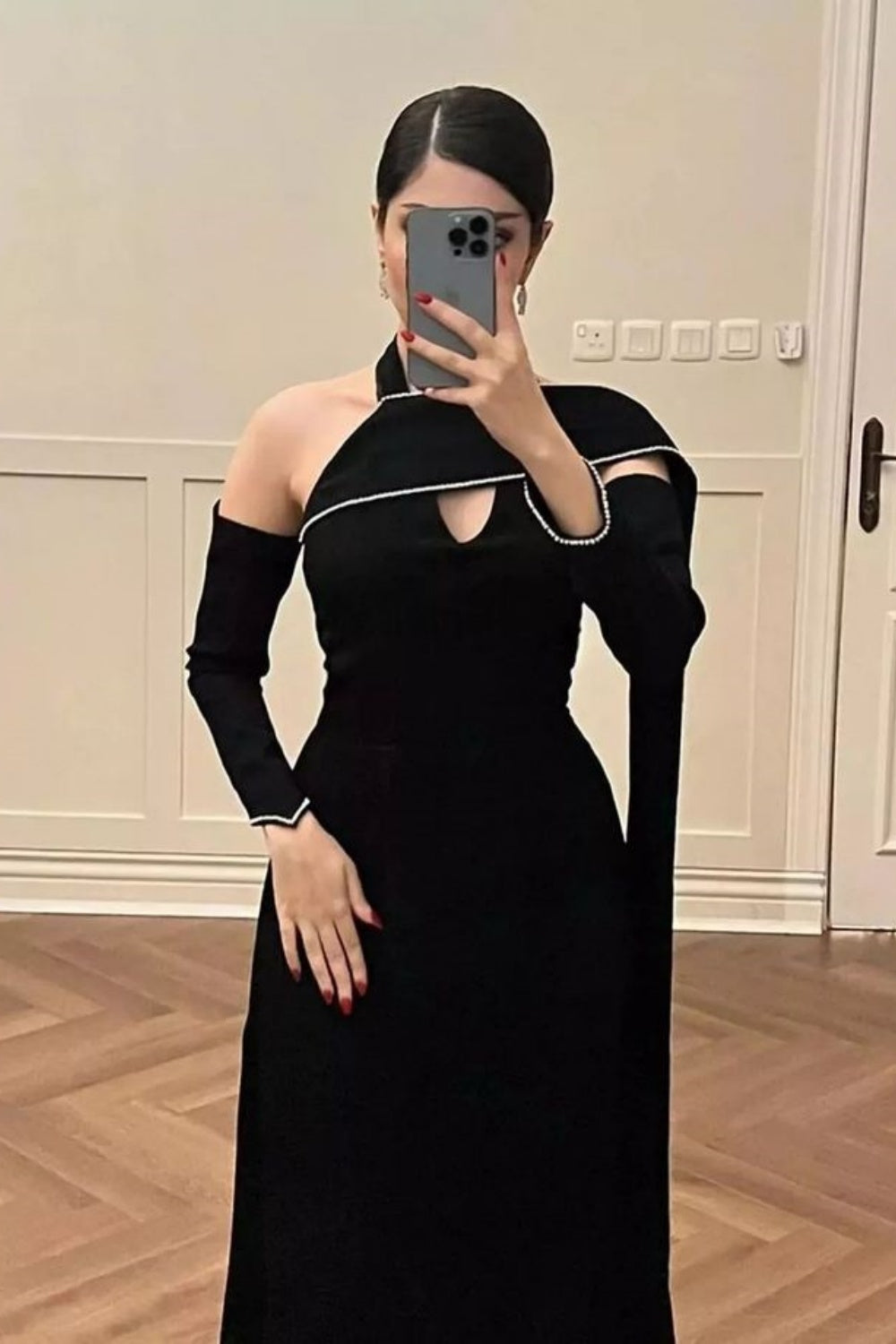 Black elegant long sleeve ribbon long satin prom dress evening dress nv3153