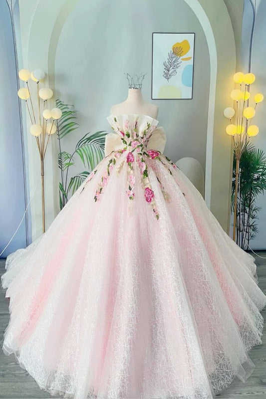 NiceVestidos--Pink Sweet Floral Elegant Tulle Long Prom Wedding Dress NV5873