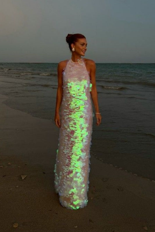 Pink shiny sequins halter back long prom dress birthday party dress nv5291