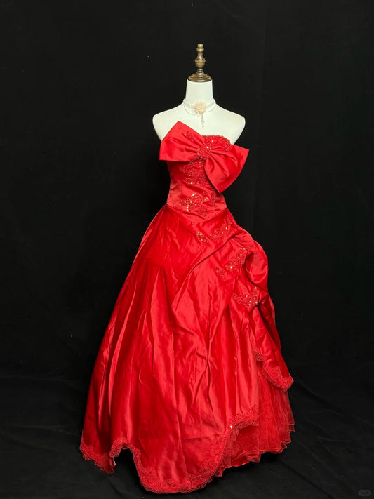 Red and gold exquisite beaded satin floor-length vintage long ball gown nv5148