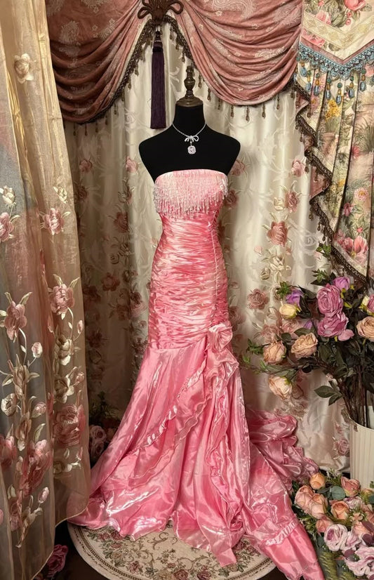 Pink Vintage Elegant Fashion Exquisite Beading Long Fishtail Slim Mermaid Long Satin Ball Gown Evening Dress Prom Dress nv3765