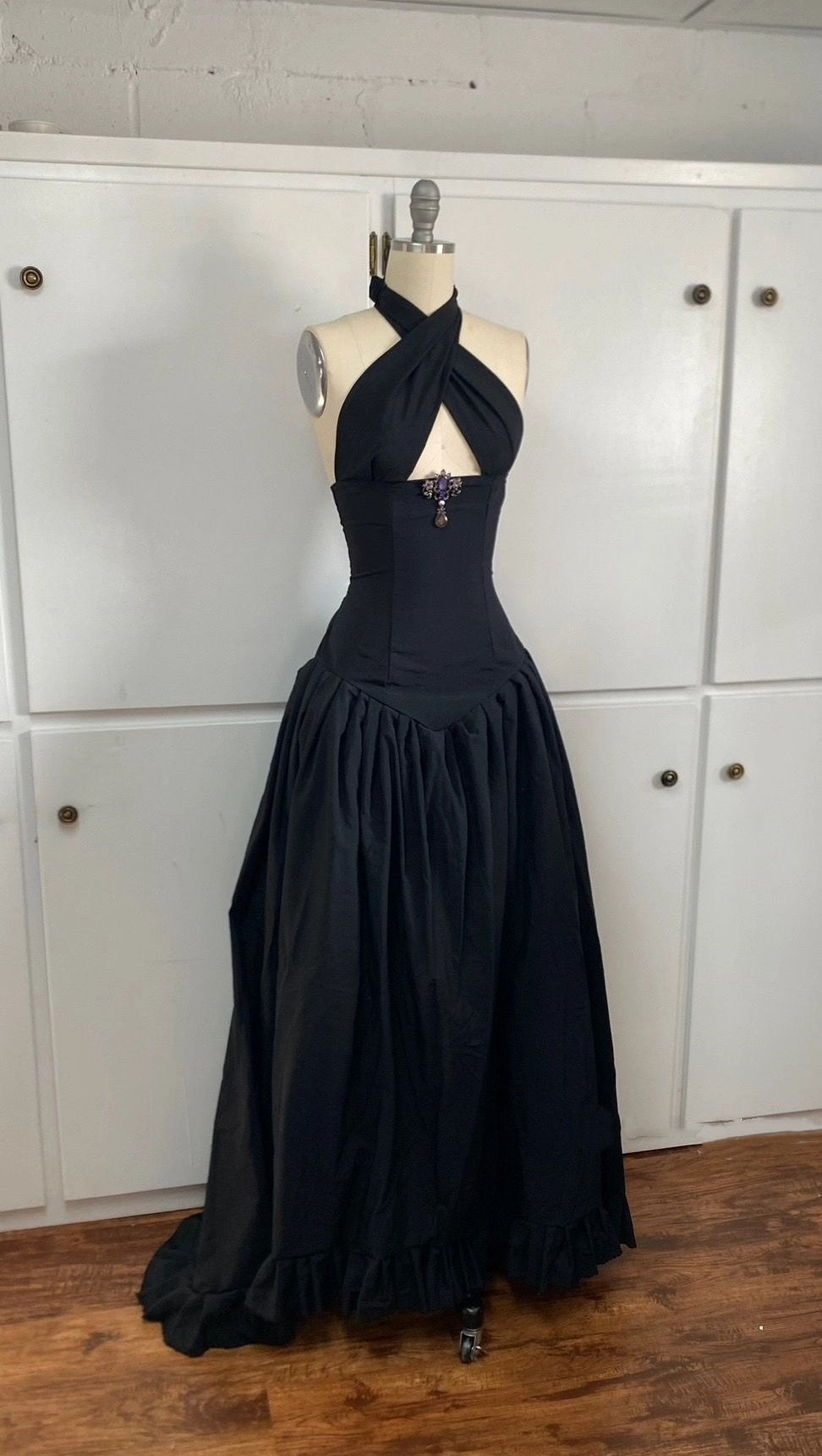Black Halter Neck Cutout Fitted Ball Gown NV6248