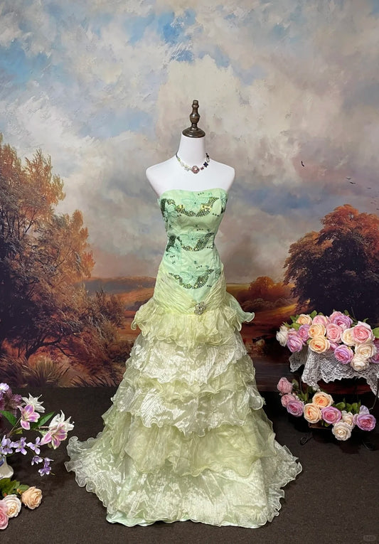 Green Elegant Vintage Fashion Exquisite Floral Beaded Long tulle Floor Length Ball Gown Evening Gown Prom Dress nv4081