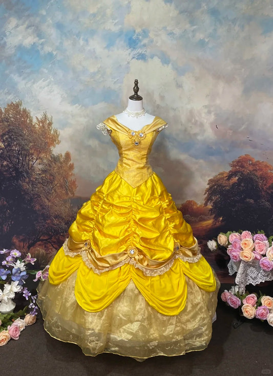 Yellow shiny exquisite rhinestone sequined satin tulle floor-length retro long ball gown nv5158