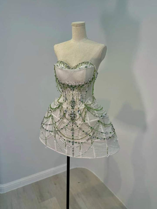 White Green Beaded Short Satin Homecoming Dress Party Gown nv4857