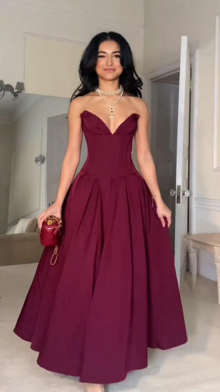Burgundy A-line Princess V-neck Floor-length Long Ball Gown Evening Dress nv1933
