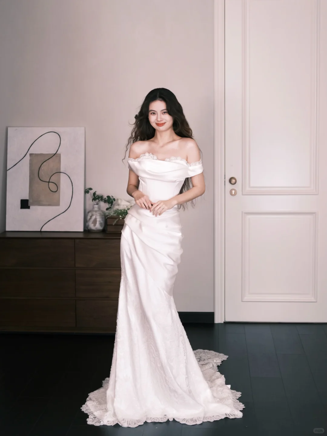 Off Shoulder Lace Trim Satin Mermaid Bridal Gown, Elegant Wedding Dress NV7336