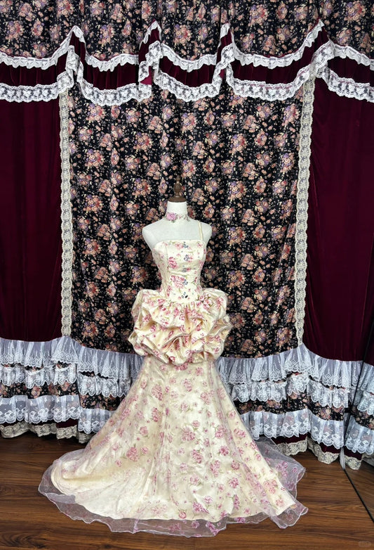 Pink floral elegant long tulle satin ball gown evening dress quinceanera dress nv4642