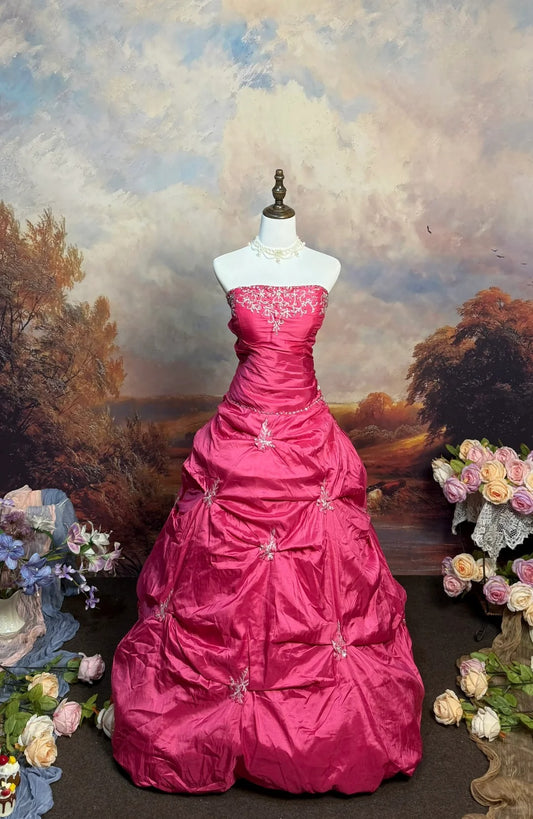 Rose Red Beaded Long Satin Ball Gown nv5143