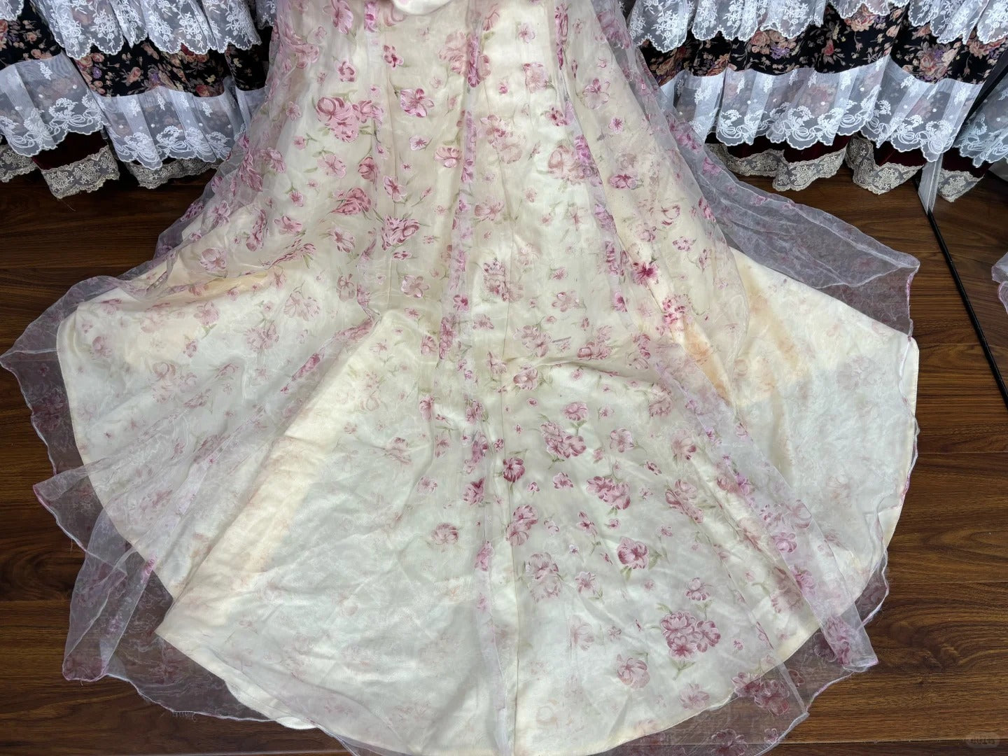 Pink floral elegant long tulle satin ball gown evening dress quinceanera dress nv4642