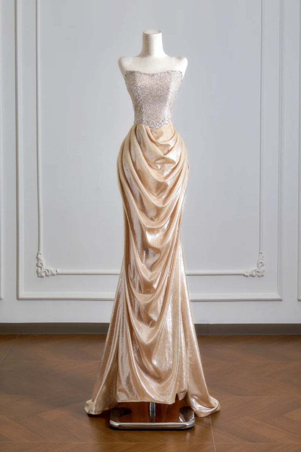 Strapless Beaded Champagne Gold Mermaid Evening Gown Luxury Draped Formal Dress NV6876