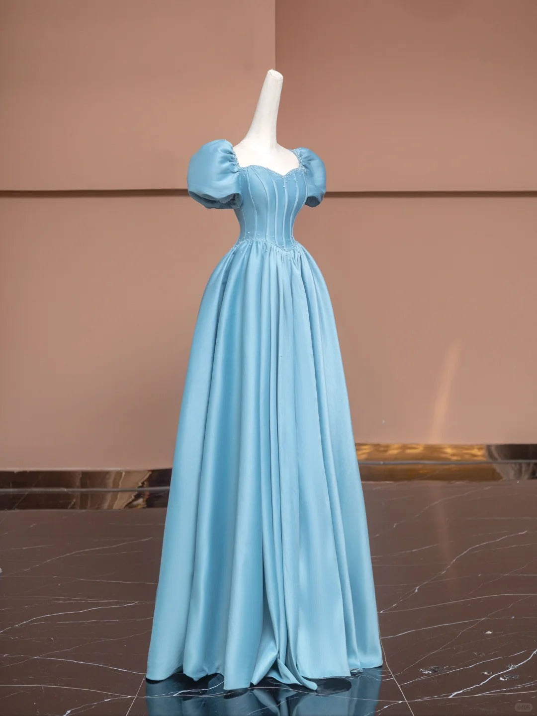 Blue Delicate Beaded Long Satin Prom Dress Ball Gown Evening Gown Party Dress nv4731