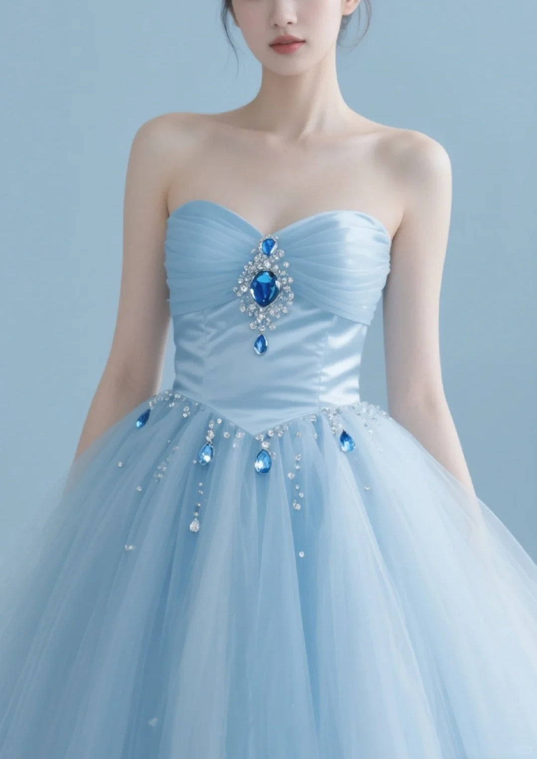 Blue elegant gorgeous rhinestone long princess tulle ball gown evening dress nv4429