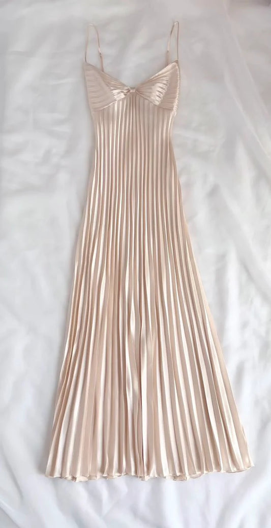 NiceVestidos-Long simple spaghetti strap satin pleated prom dress, retro dress Nv5630