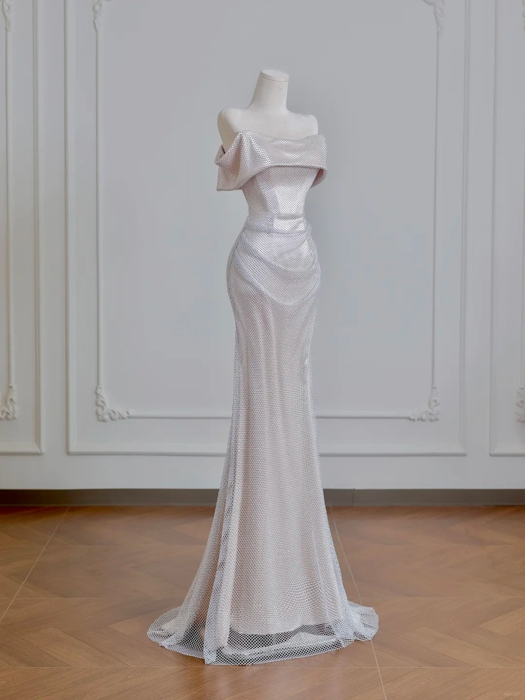 Silver Mesh Metallic Satin Long Mermaid Slim Prom Dress Evening Dress Party Dress nv4721